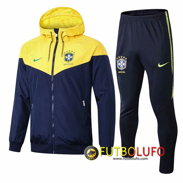 Trajes Rompevientos Chaqueta Brasil Amarillo/Azul oscuro 2018/2019 + Pantalones